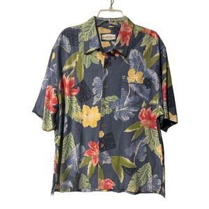 Seven Palm Mens Large Hawaiian Silk Shirt Hibiscus Blue yellow Floral Button Up
